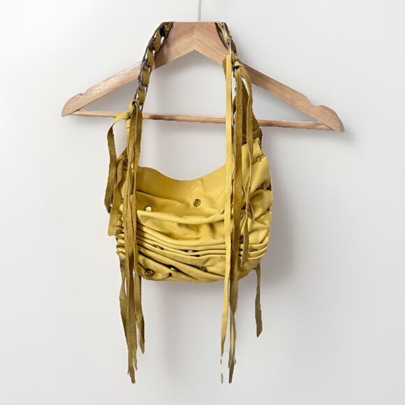 David Galan Designer Change Bag Jeweled Yellow Leather Boho Western Y2k Biker - Picture 1 of 12